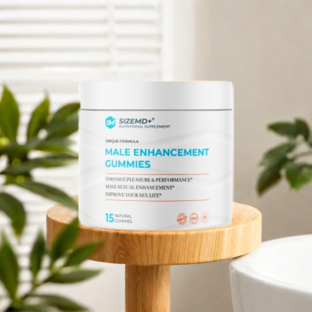 SizeMD+ male enhancement gummies on a table